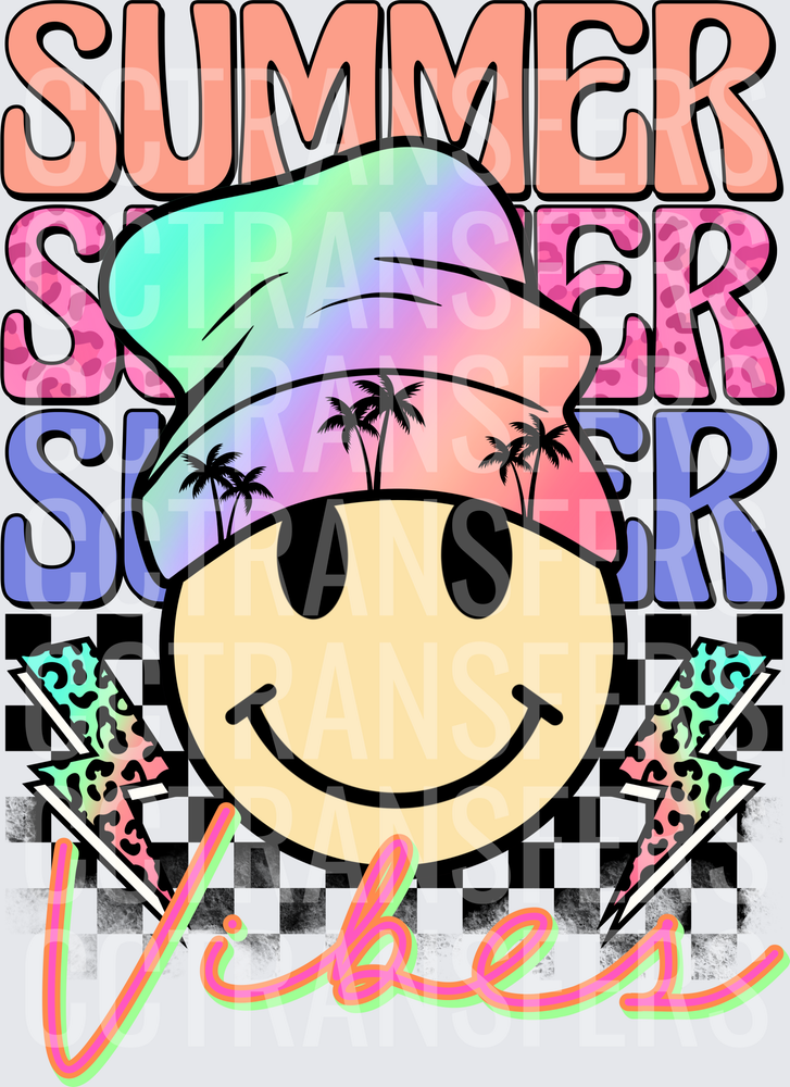 Summer Vibes Smiley Face Beanie Palm Tree Checkered (DTF)