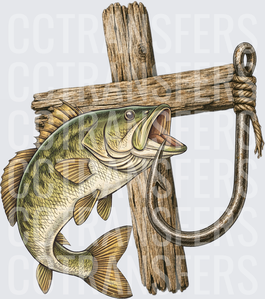 Largemouth Bass Jumping on Rustic Wood Cross Hook (DTF)