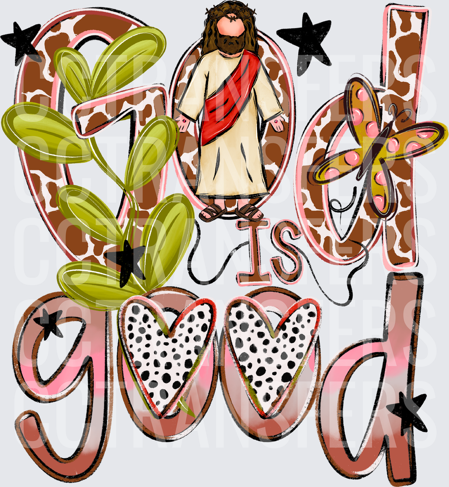 God Is Good Jesus Figure Giraffe Print Floral Butterfly DTF