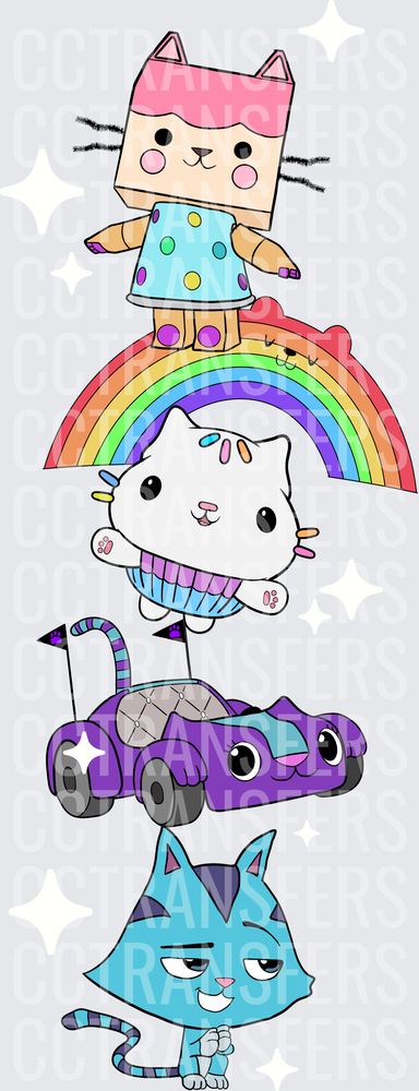 Cute Cat Characters Rainbow Stack Purple Race Car (DTF)