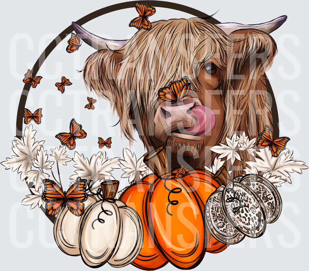 Fluffy Highland Cow Fall Pumpkins Monarch Butterflies (DTF)