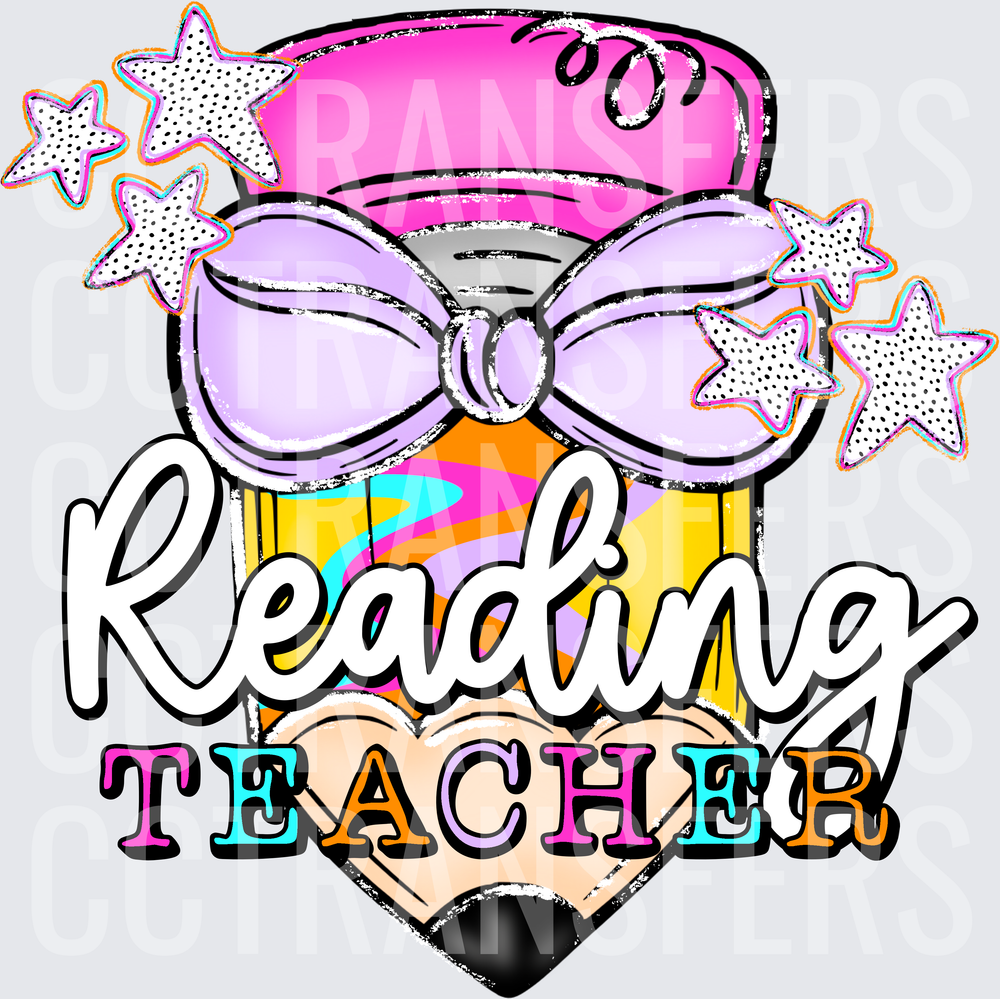 Reading Teacher Pencil with Bow and Stars DTF