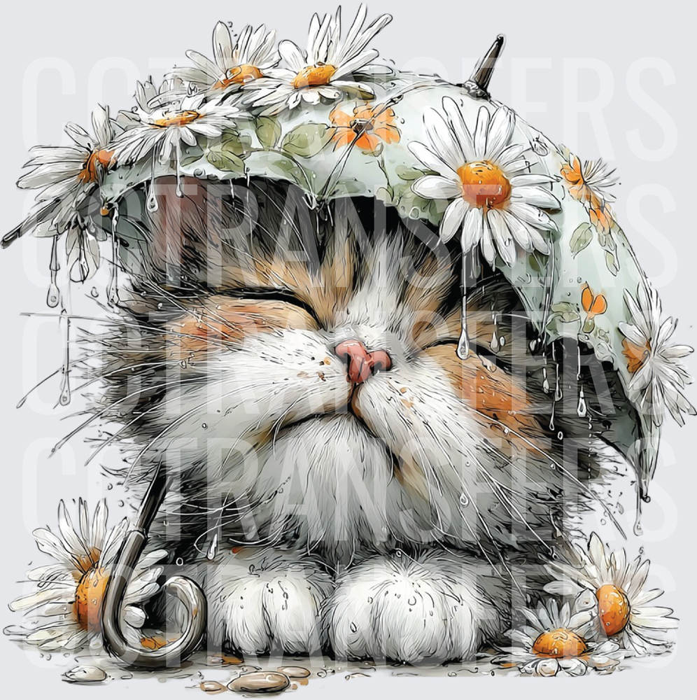Cozy Calico Kitten Under Daisy Umbrella in Rain (DTF)
