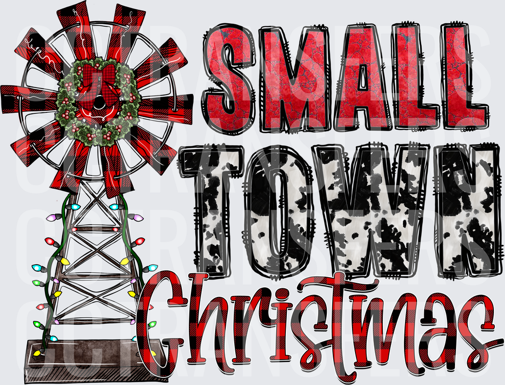 Small Town Christmas Windmill Buffalo Plaid Cow Print (DTF)