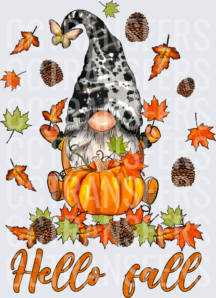 Hello Fall Gnome with Pumpkin Cowhide Hat Autumn Leaves (DTF)