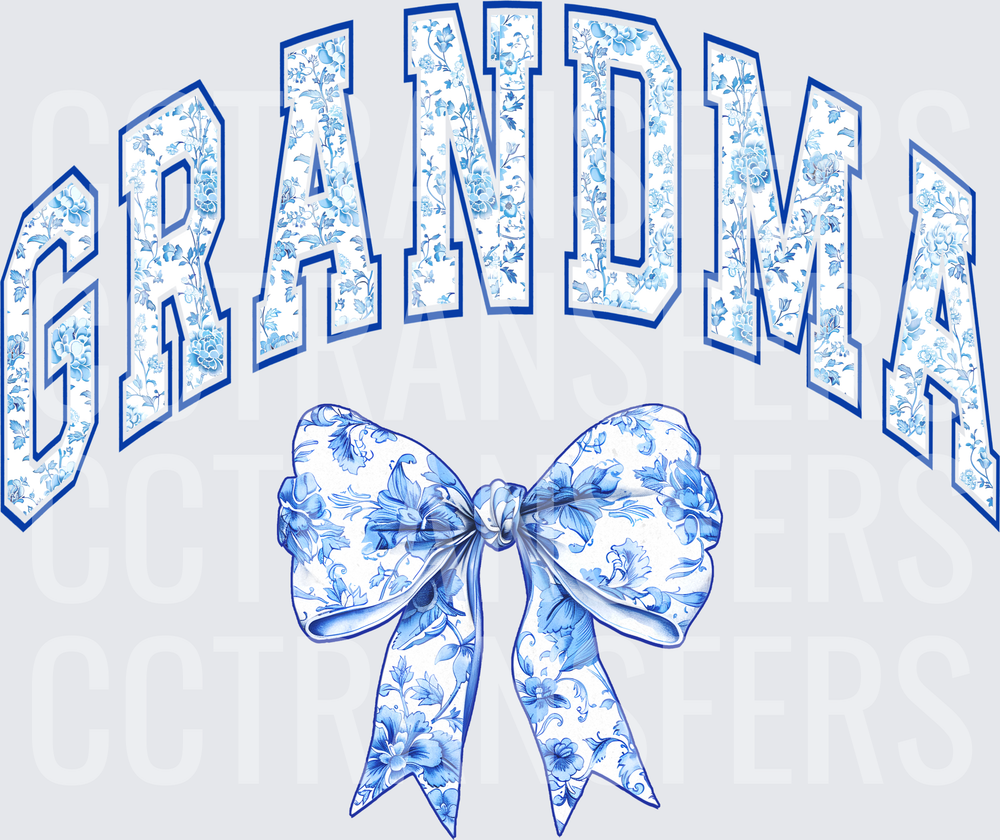 Grandma Arched Blue Floral Varsity Letters with Bow (DTF)