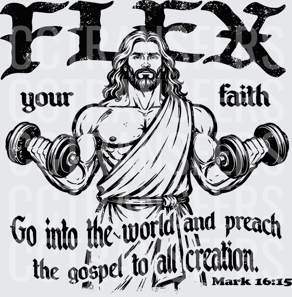 Flex Your Faith Muscular Jesus Dumbbells Mark 16:15 (DTF)