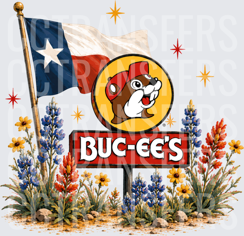 Texas Flag Beaver Sign Wildflowers Bluebonnets (DTF)