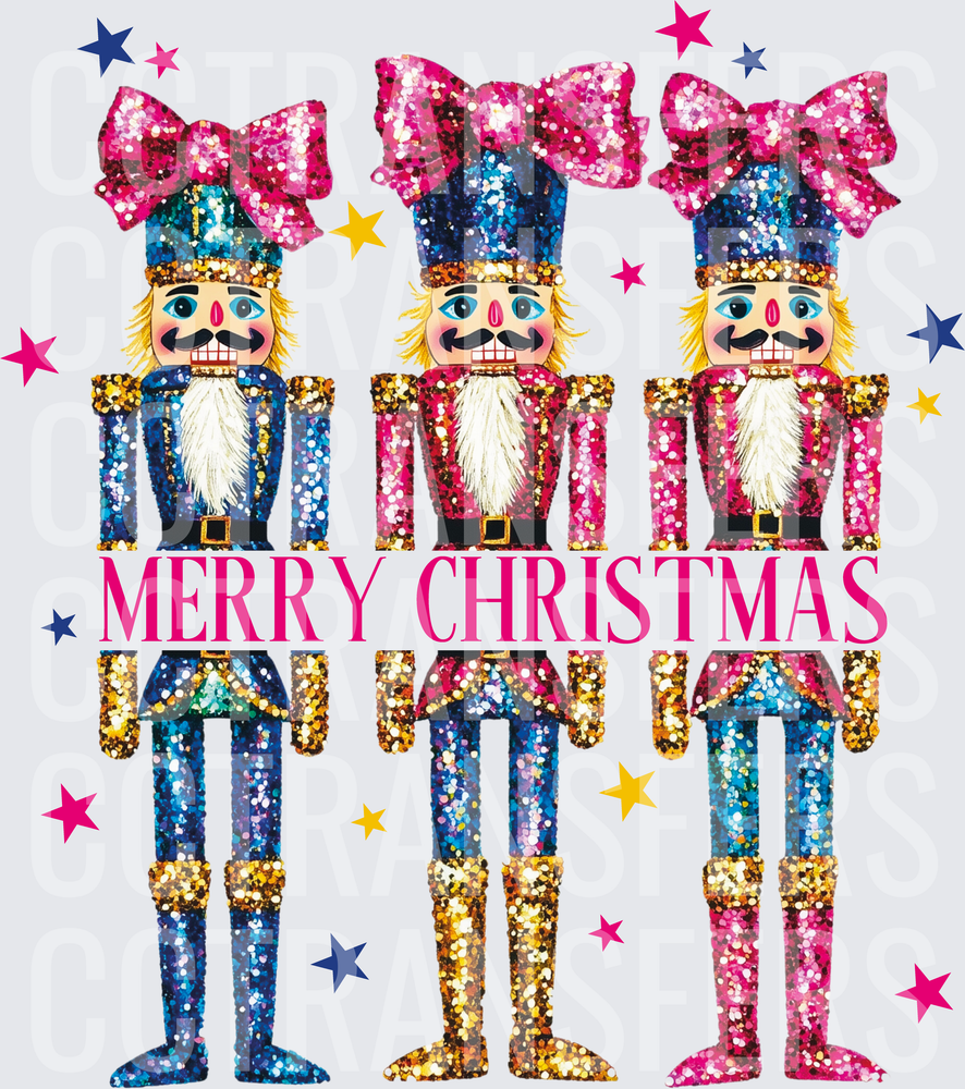 Merry Christmas Glitter Nutcracker Trio with Bows and Stars (DTF)