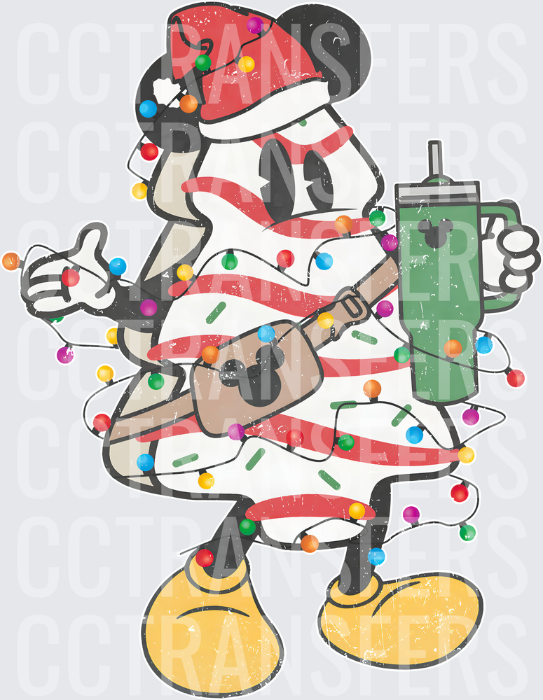 Christmas Tree Character Wrapped in Lights Holding Tumbler (DTF)