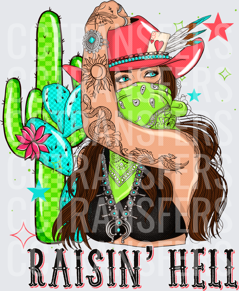 Raisin' Hell Tattooed Cowgirl Bandana Cactus (DTF)