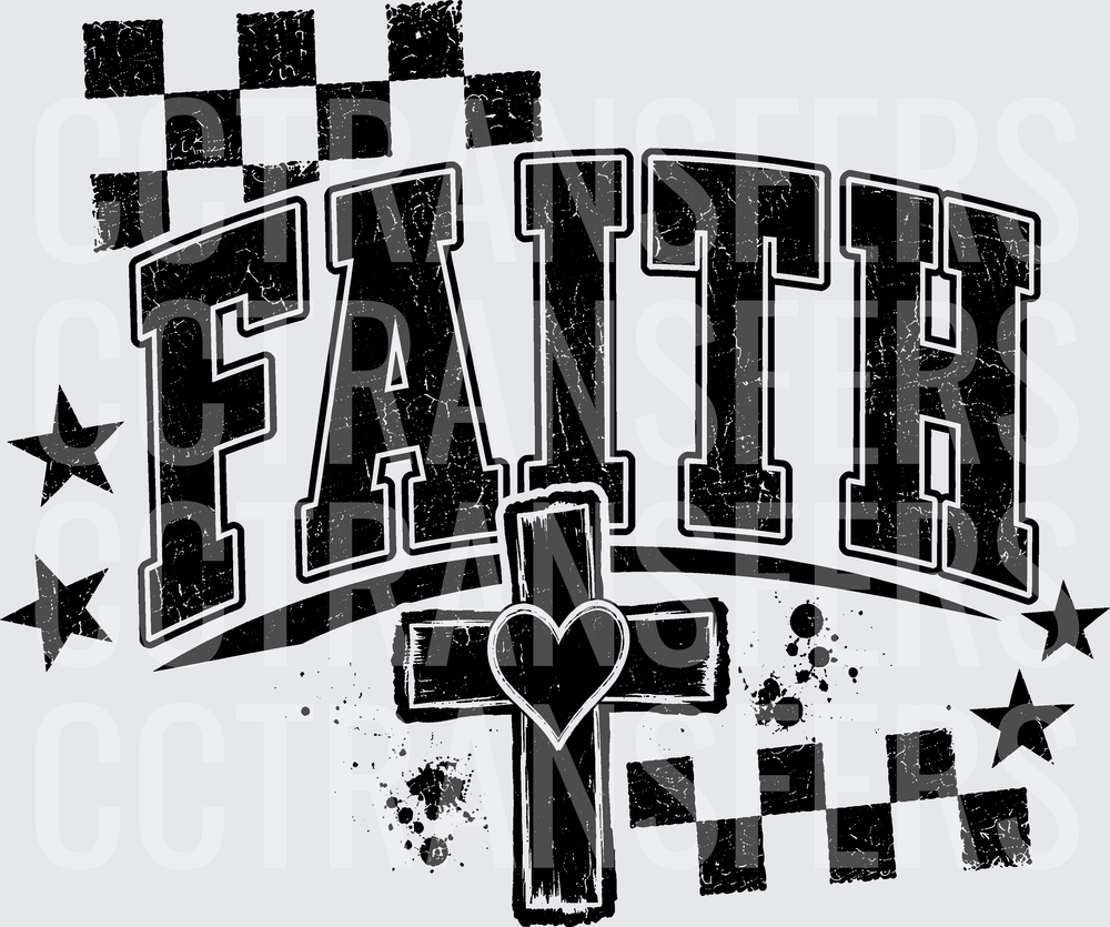Grunge Faith Arched Text Cross Heart Checkered Stars (DTF)