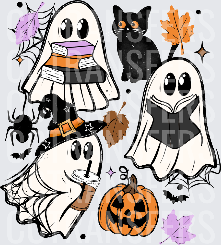 Cute Halloween Ghosts Books Black Cat Pumpkin Fall (DTF)