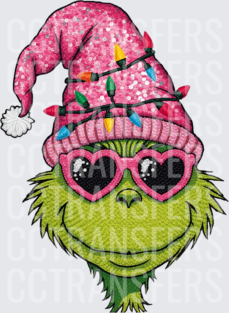 Sassy Green G-Man Pink Sequin Santa Hat Christmas Lights (DTF)