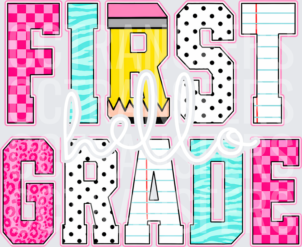 First Grade Patterned Bold Letters School Design (DTF)