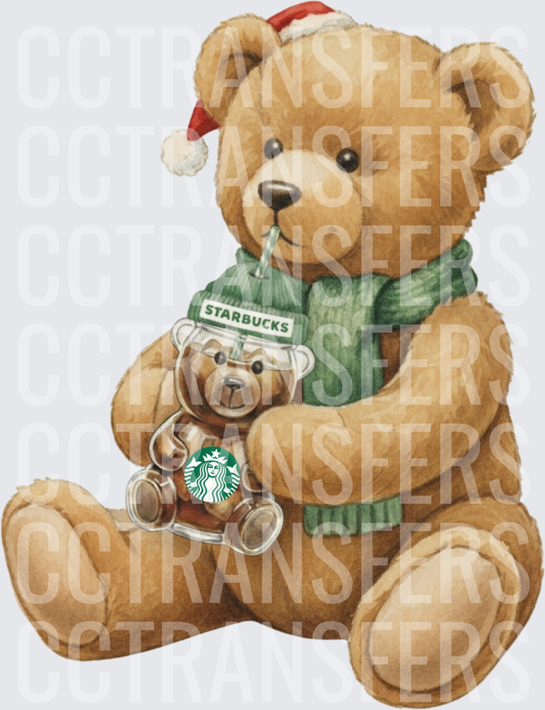 Christmas Teddy Bear Sipping Bear Cup Green Scarf Santa Hat (DTF)