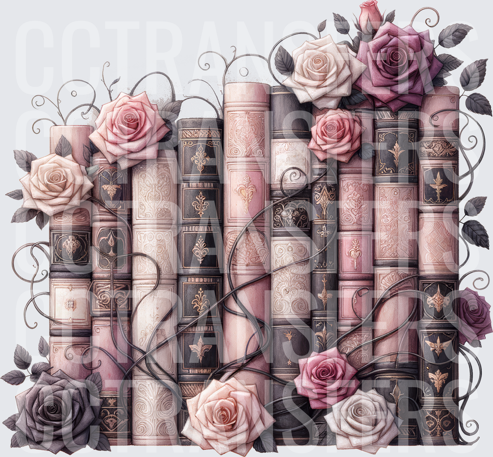 Vintage Ornate Books with Pink Roses and Dark Vines (DTF)