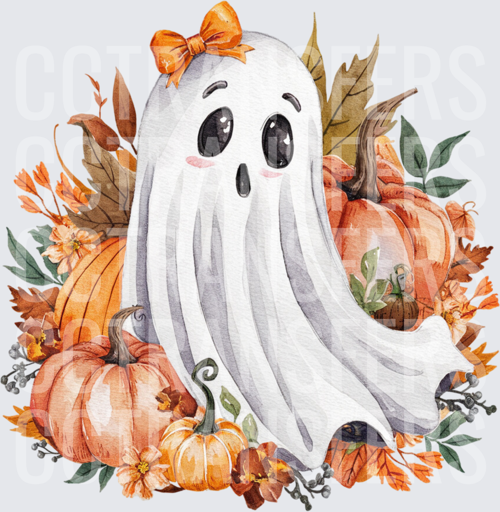 Cute Girl Ghost Orange Bow Fall Pumpkins Leaves (DTF)