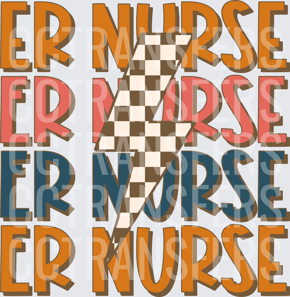 ER Nurse Retro Stacked Text Checkered Lightning Bolt (DTF)