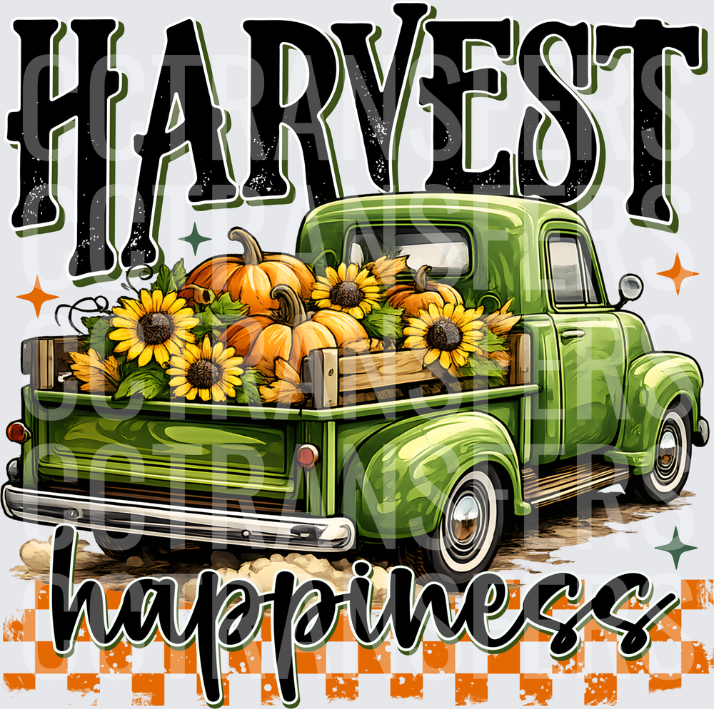 Harvest Happiness Vintage Green Truck Pumpkins Sunflowers (DTF)