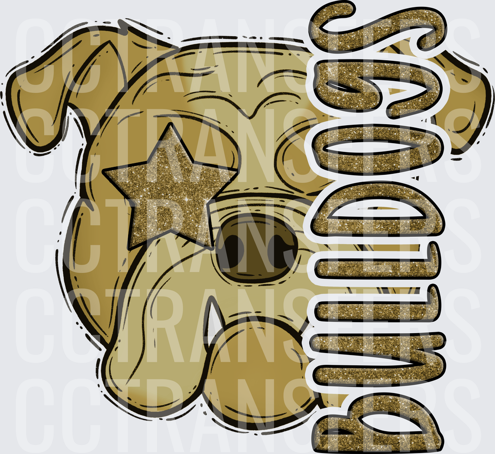 Gold Glitter Bulldog Face with Star Eye Mascot (DTF)