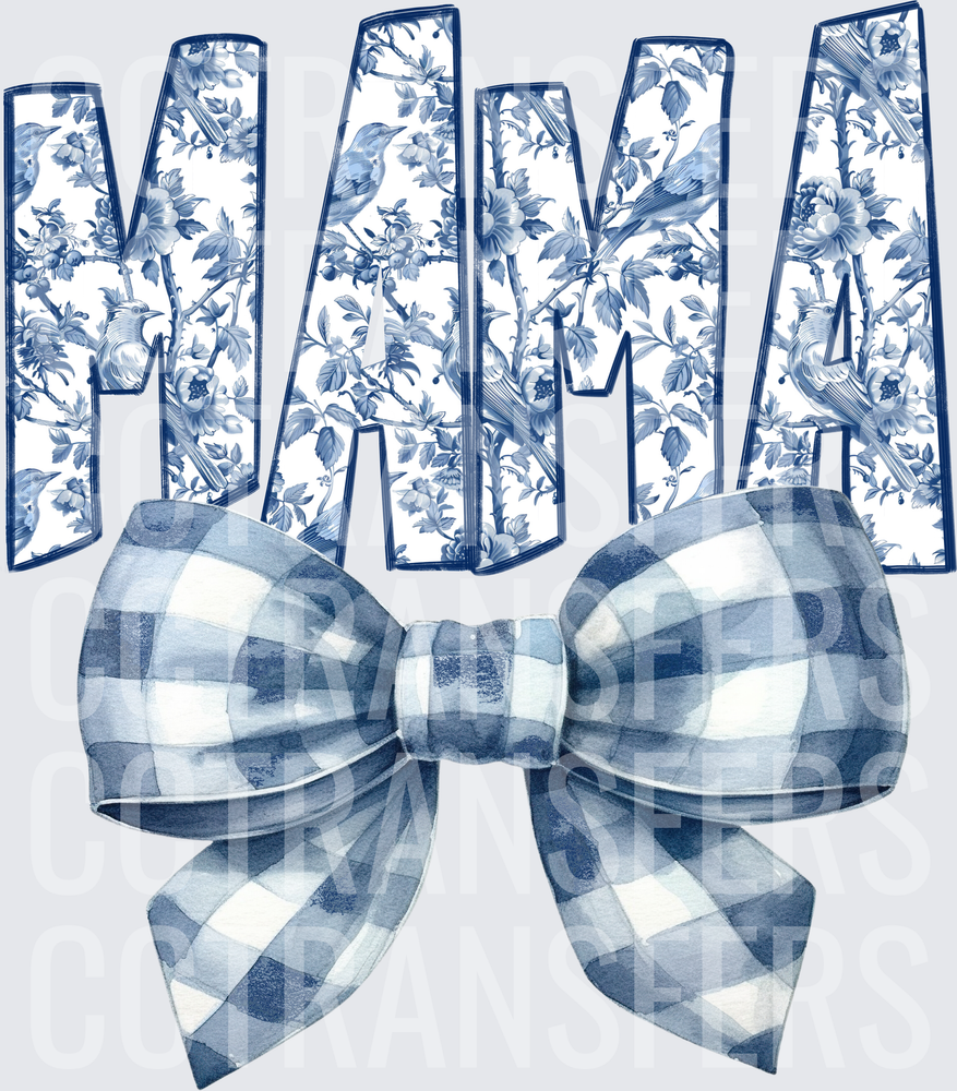 Mama Blue Toile Floral Letters Gingham Bow (DTF)