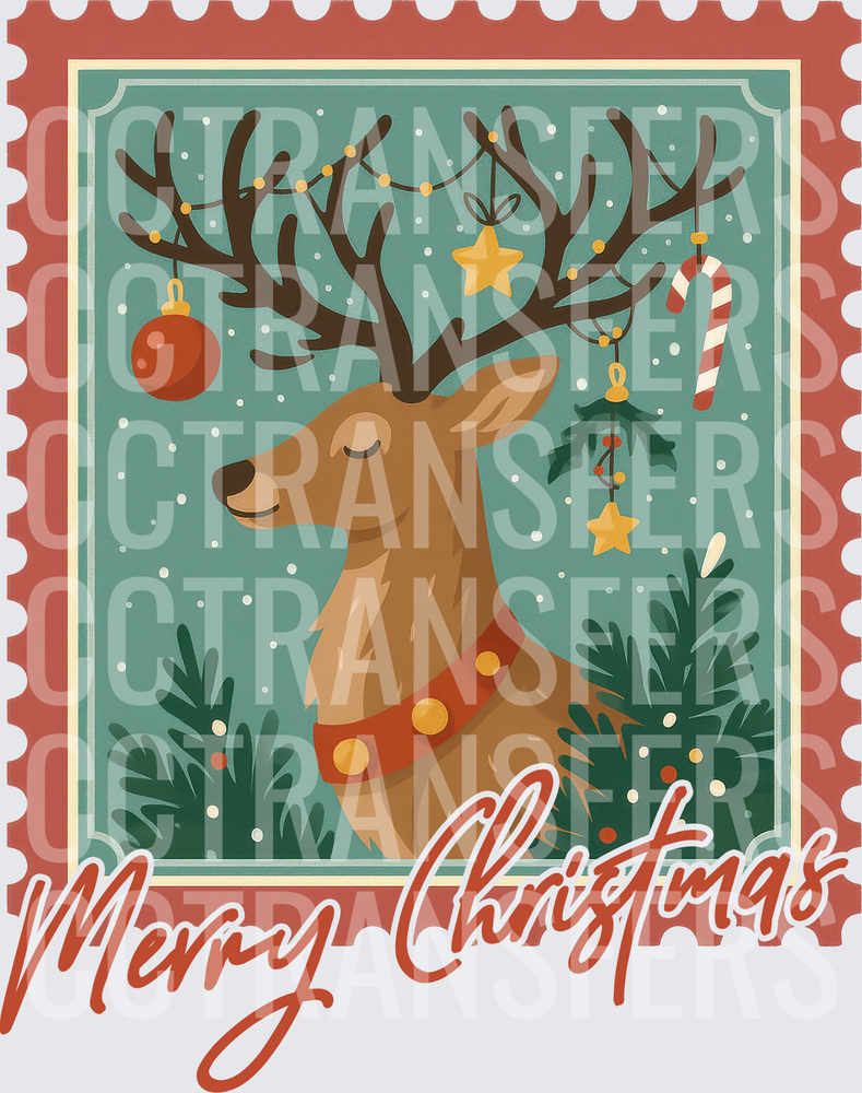 Merry Christmas Vintage Stamp Reindeer With Ornaments (DTF)