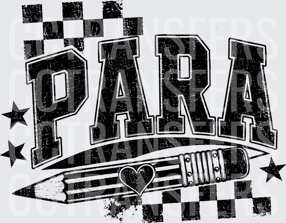 Distressed PARA Varsity Letters Pencil Heart Stars Checker (DTF)