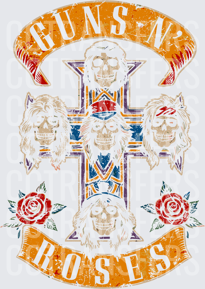 Guns N' Roses Vintage Cross Skulls Roses Logo (DTF)