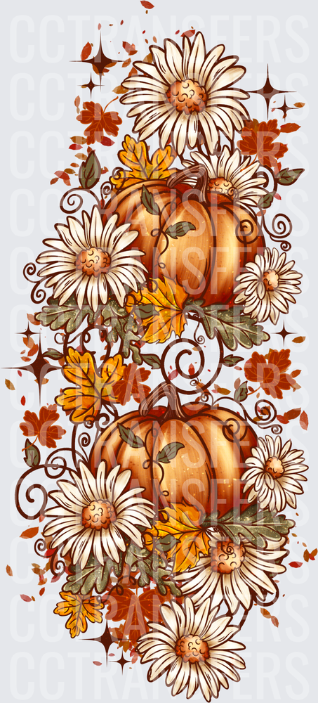 Stacked Pumpkins Daisies Fall Leaves Floral Autumn (DTF)