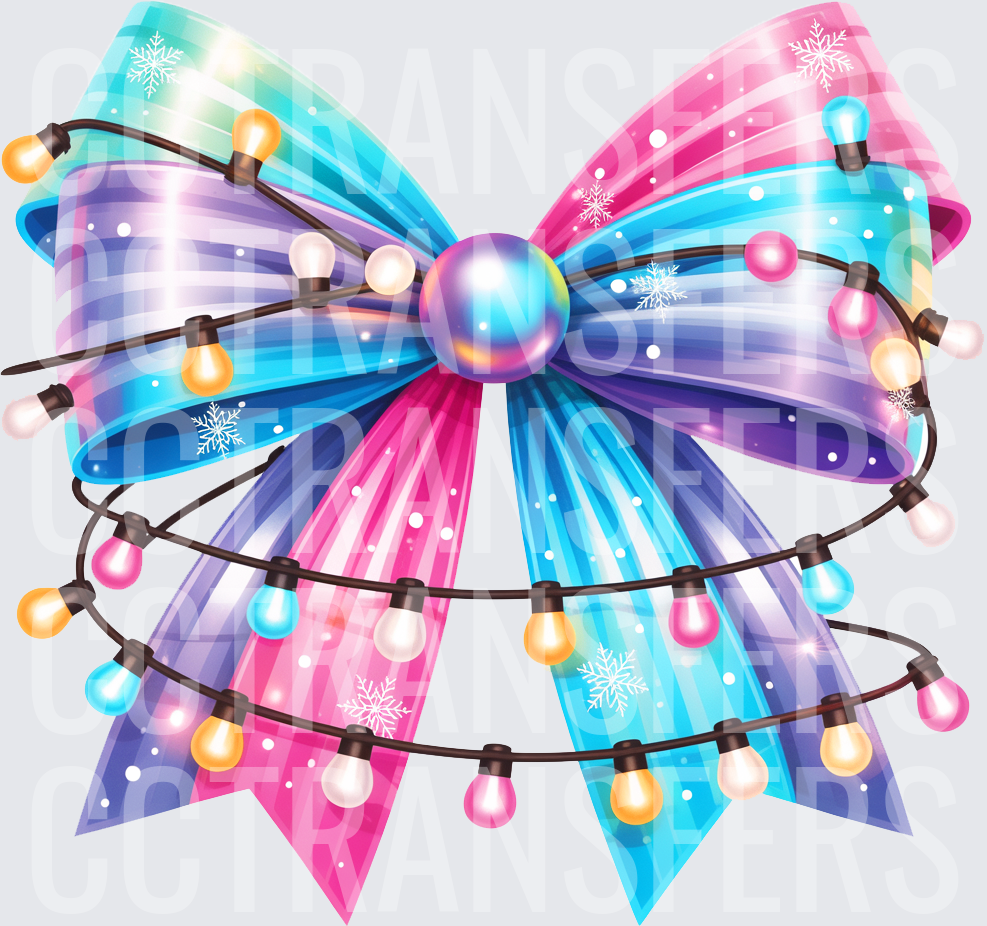 Rainbow Holographic Bow with Christmas Light String (DTF)