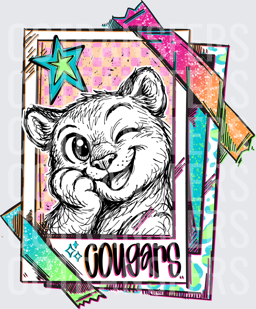 Retro Cougars Mascot Sketch Colorful Card Design (DTF)