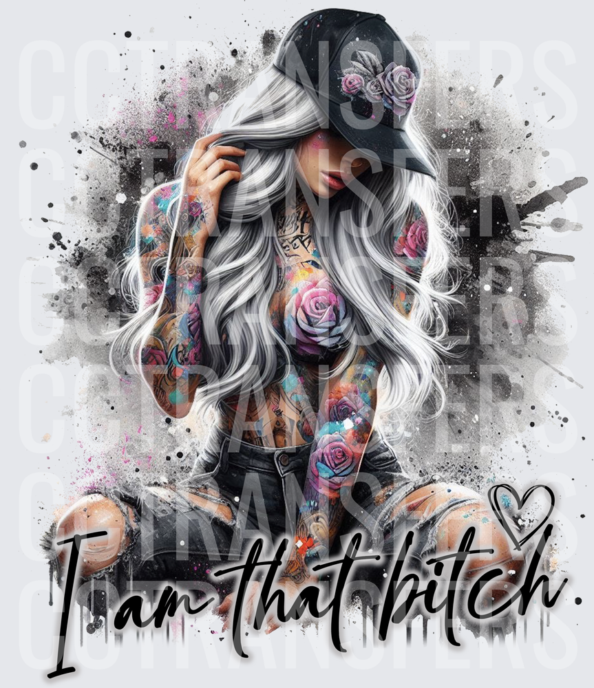I Am That Bitch Tattooed Woman Silver Hair Cap (DTF)