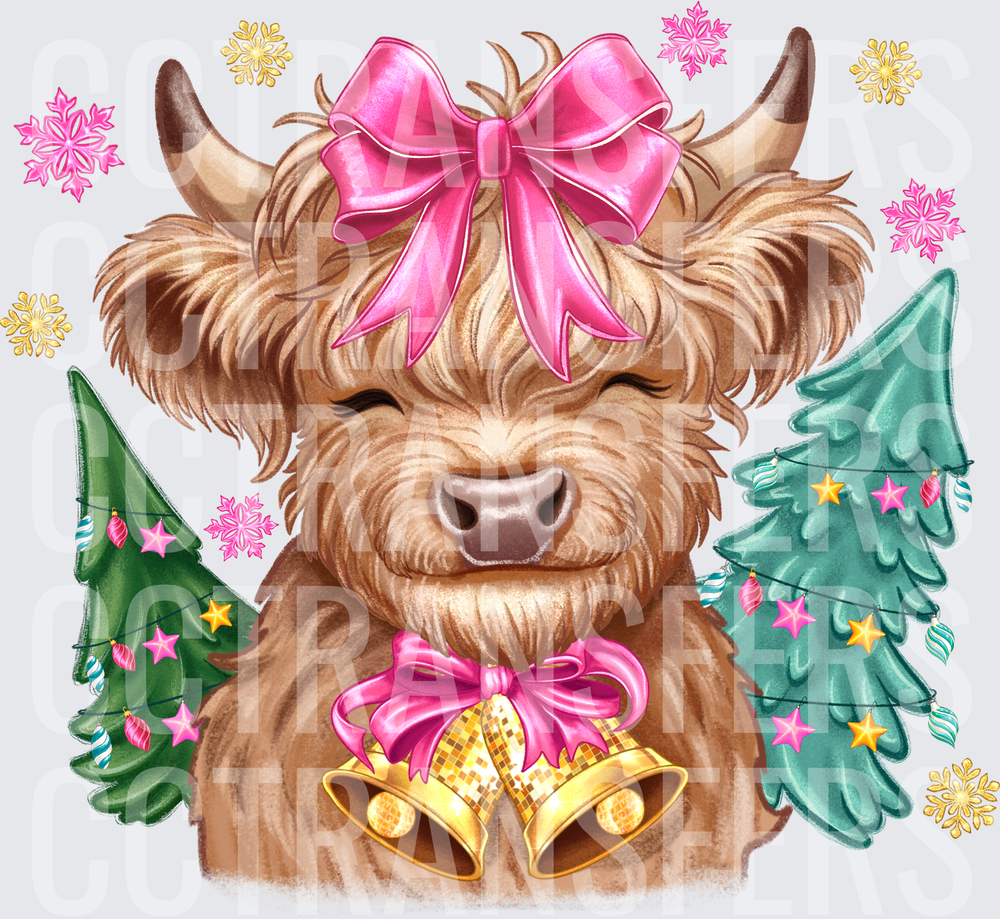 Fluffy Highland Cow Pink Bow Christmas Bells Trees (DTF)