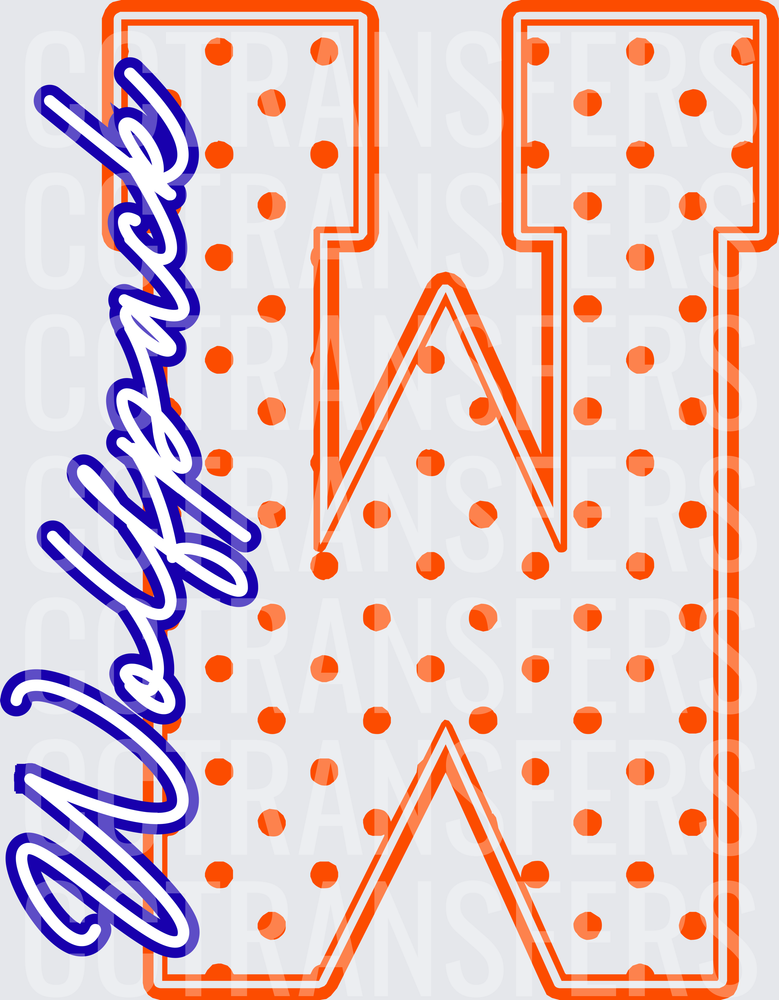 Wildcats W Polka Dot Varsity Letter Orange Blue Script (DTF)