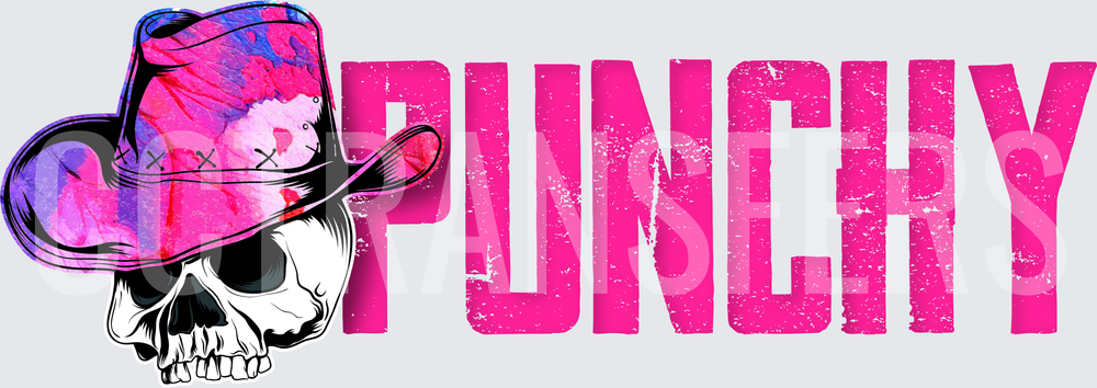 Punchy Skull Cowboy Hat Watercolor Pink Bold Text (DTF)