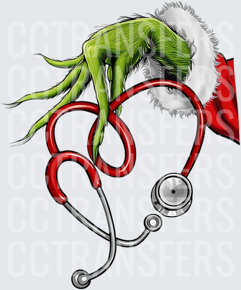 G-Man Green Furry Hand Holding Heart Stethoscope Santa Hat (DTF)