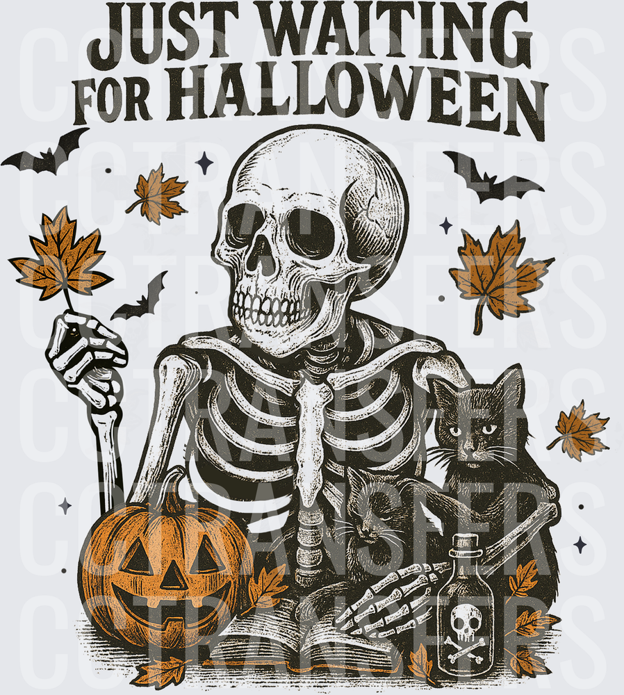 Just Waiting For Halloween Skeleton With Black Cats (DTF)