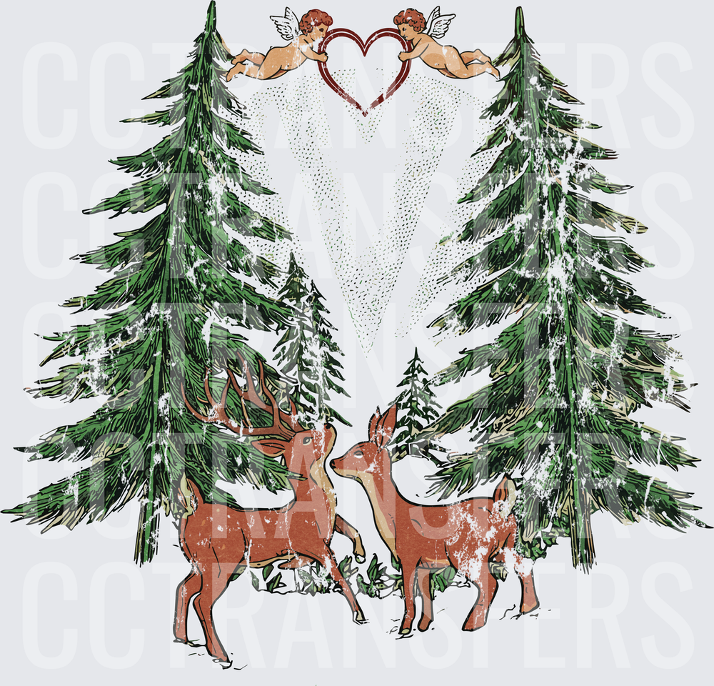 Vintage Cherub Heart Buck Doe Snow Pine Forest (DTF)