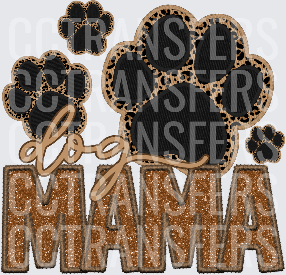 Dog Mama Leopard Paw Print Glitter Script Design (DTF)