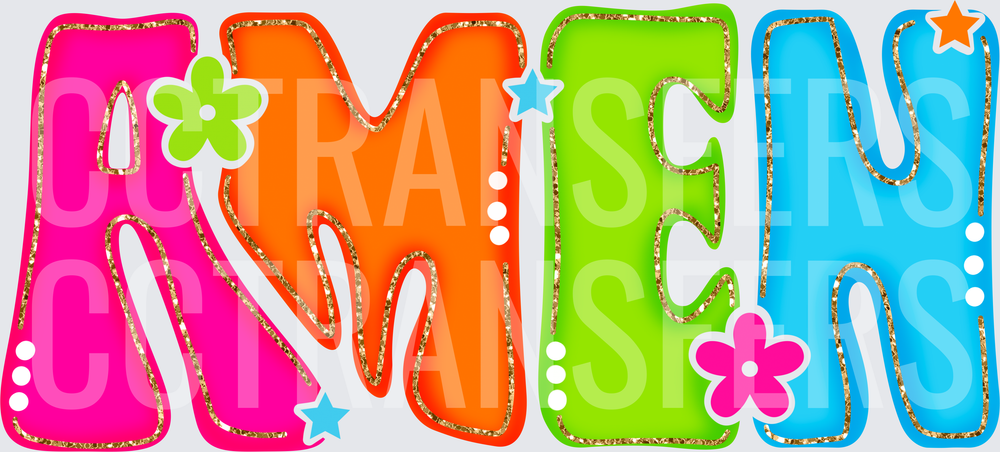 Colorful Retro Bold AMEN Letters Gold Glitter Floral Stars (DTF)