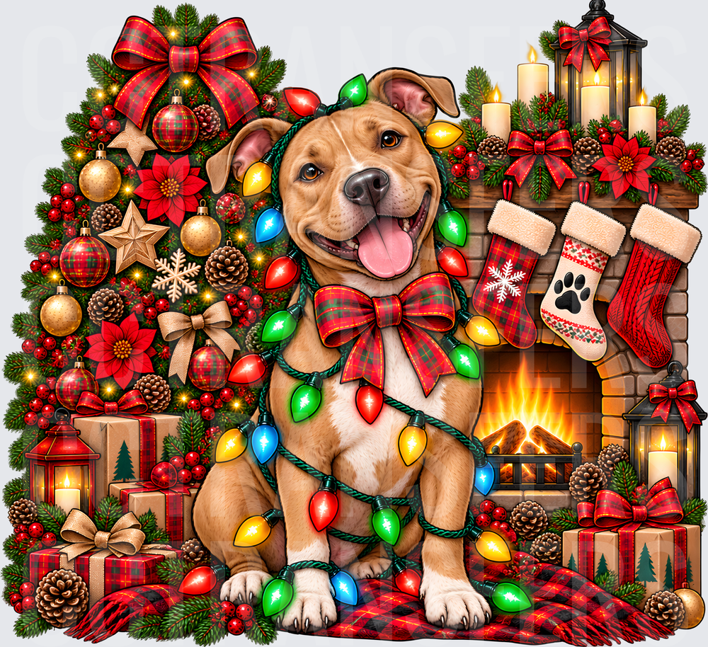 Happy Pit Bull Wrapped in Christmas Lights by Fireplace (DTF)
