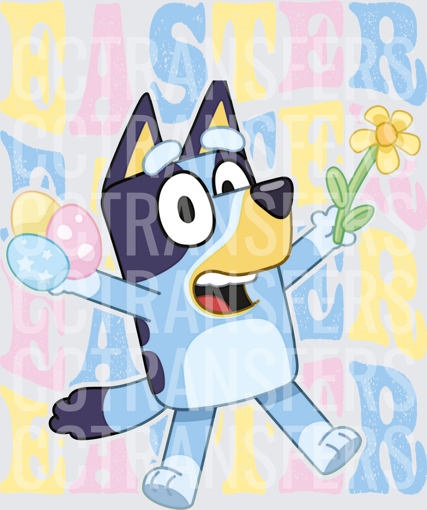 Easter Blue Cartoon Dog with Eggs and Flower (DTF)