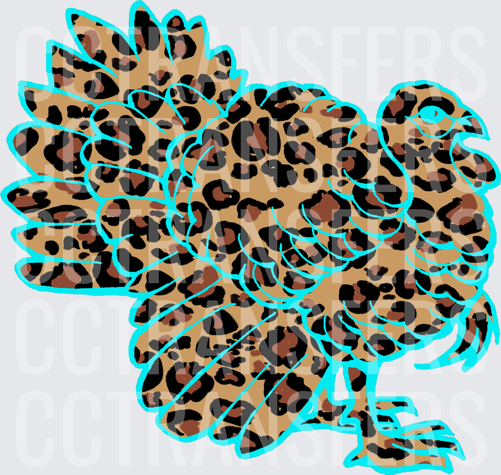 Leopard Print Turkey with Turquoise Outline (DTF)