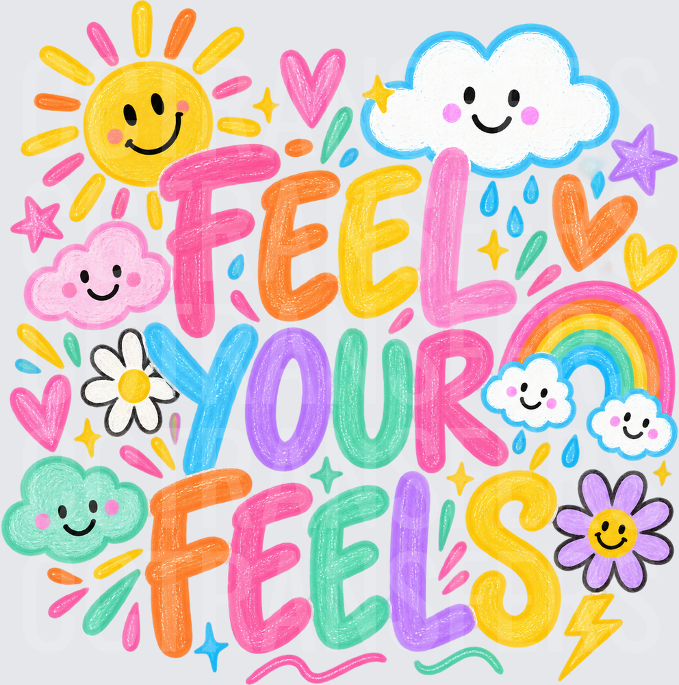 Feel Your Feels Colorful Smiley Clouds Rainbow Sun (DTF)