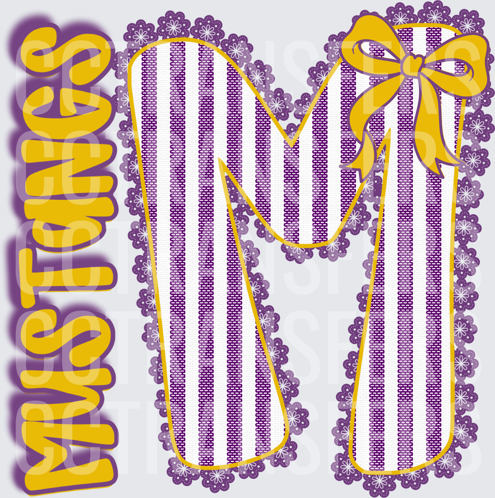 Mustangs Purple Gold Striped Letter M with Bow (DTF)