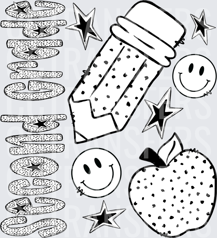Black & White Teacher School Pencil Apple Smiley Stars (DTF)