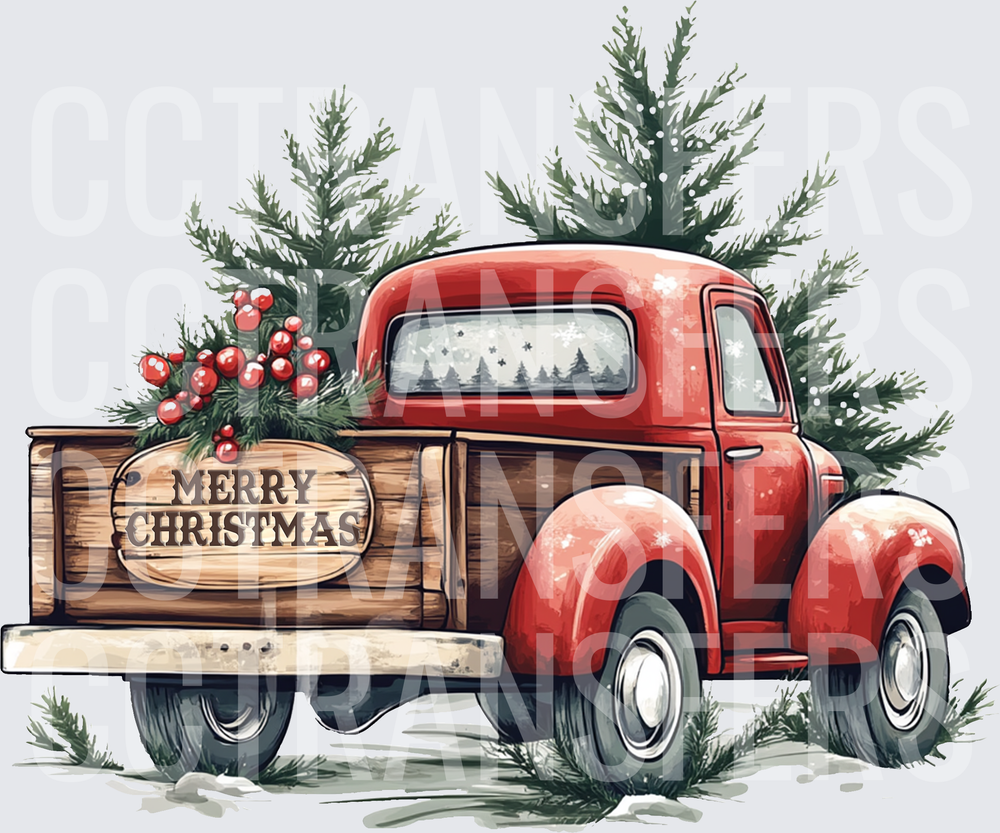 Merry Christmas Vintage Red Truck with Pine Trees (DTF)