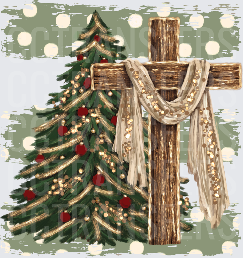 Rustic Wooden Cross with Draped Cloth and Christmas Tree (DTF)