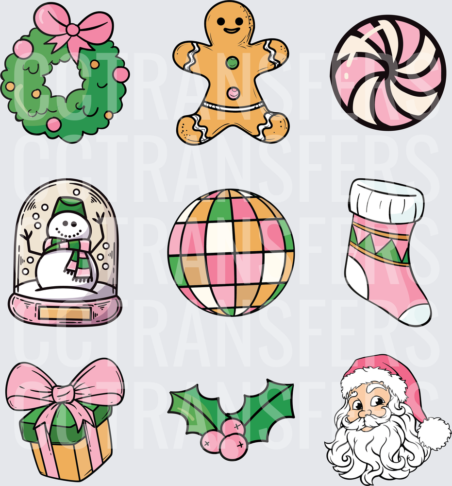 Retro Pink Christmas Icon Set Holiday Elements (DTF)